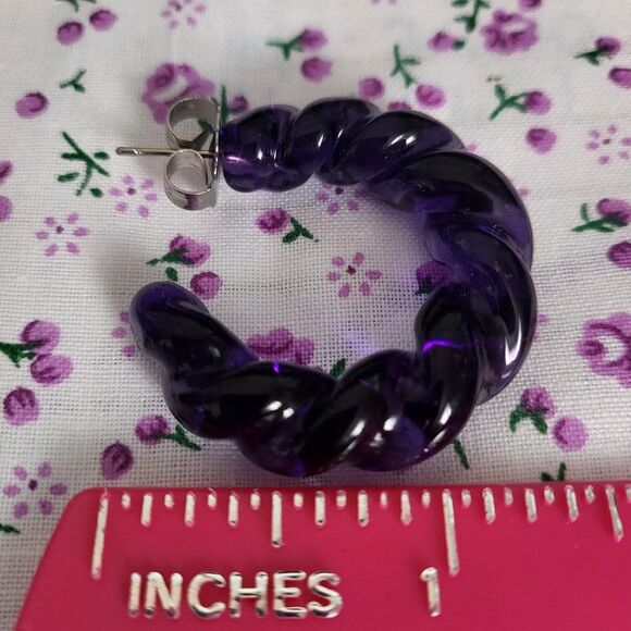 Purple Murano Style Twisted Hoop Earrings in Stainless Steel - Picture 5 of 7